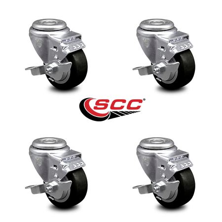 Service Caster 3 Inch Black Polyurethane Wheel Swivel Bolt Hole Caster Set with Brake SCC SCC-BH20S314-PPUB-BLK-TLB-4